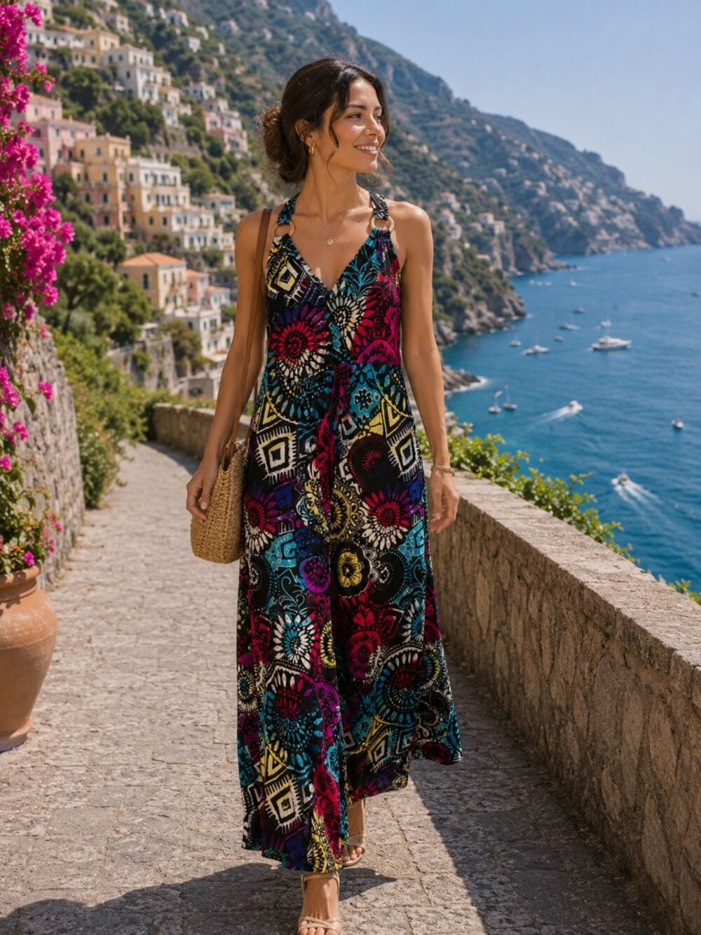 Elegant & colorful Jersey Halter Maxi Dress - Picture 1 of 8